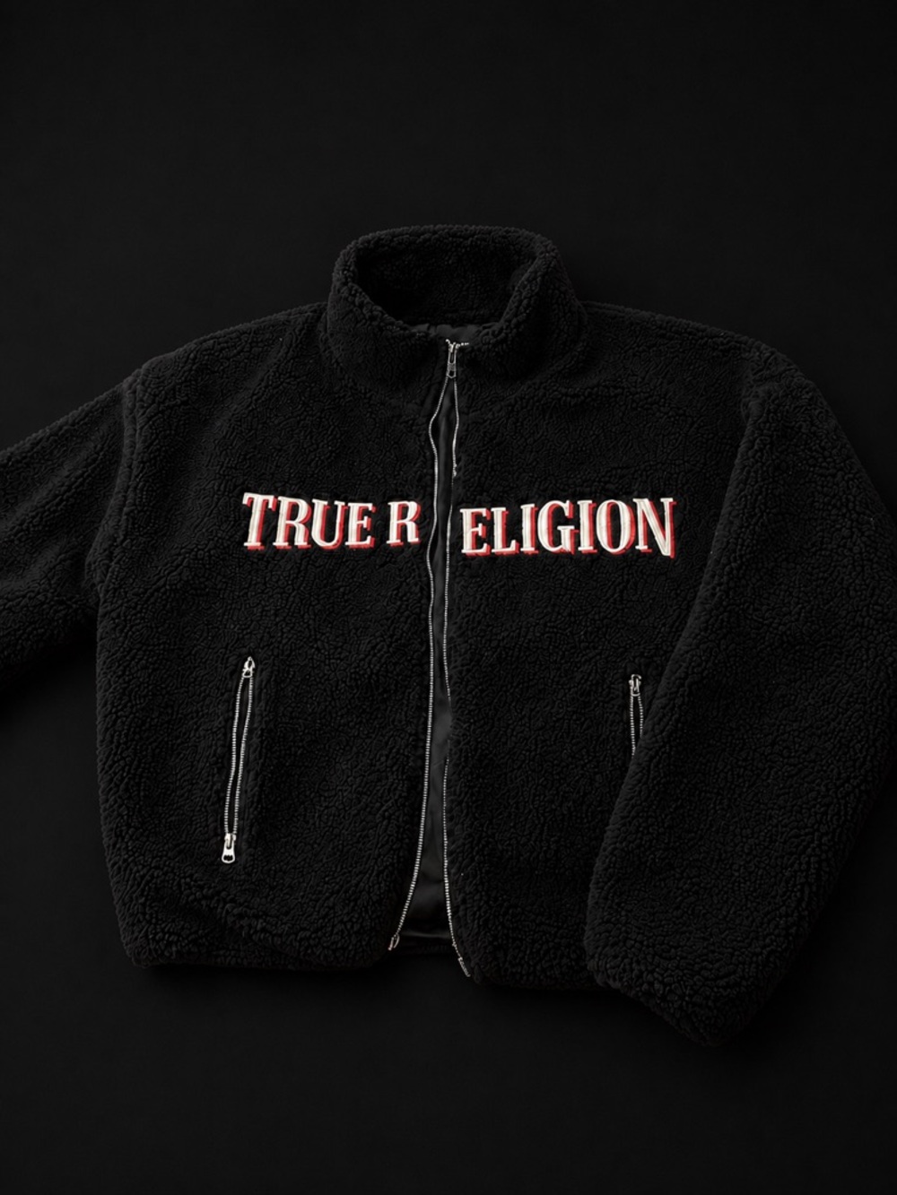 True Religion Black Sherpa Jacket with White & Red Logo